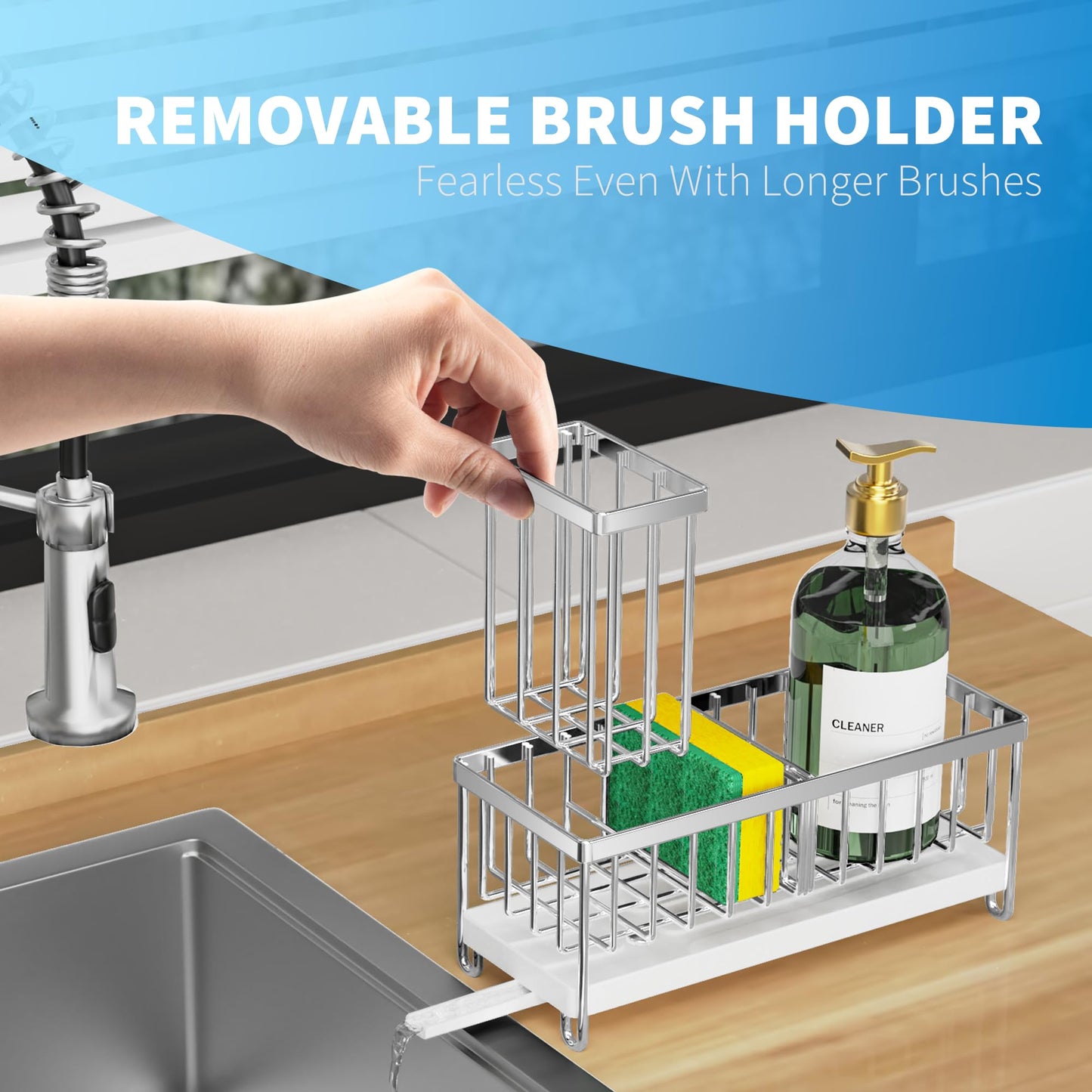 Cisily Black Sponge Holder for Kitchen Sink, Sink Caddy Organizer with High Brush Holder, Kitchen Countertop Organizers and Storage Essentials, Rustproof 304 Stainless Steel, Soap Dispenser Organize