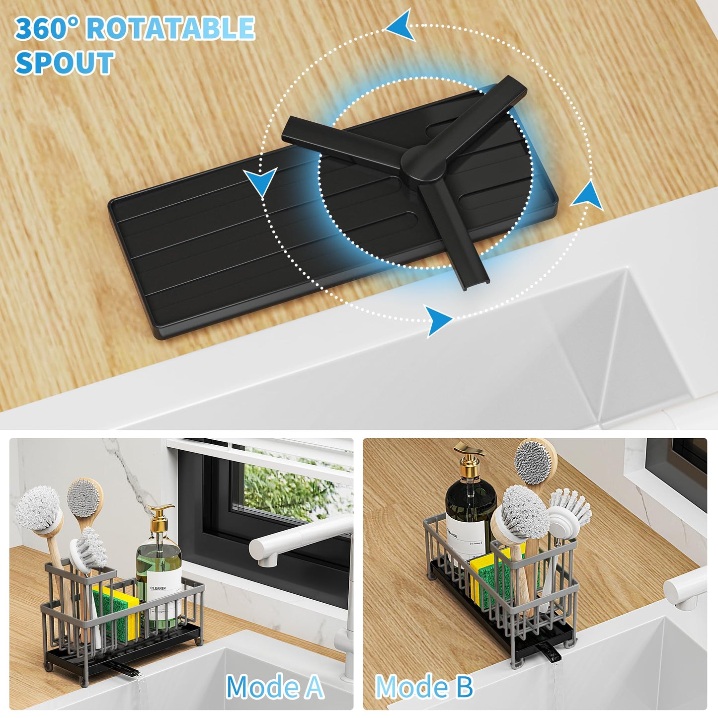Cisily Black Sponge Holder for Kitchen Sink, Sink Caddy Organizer with High Brush Holder, Kitchen Countertop Organizers and Storage Essentials, Rustproof 304 Stainless Steel, Soap Dispenser Organize