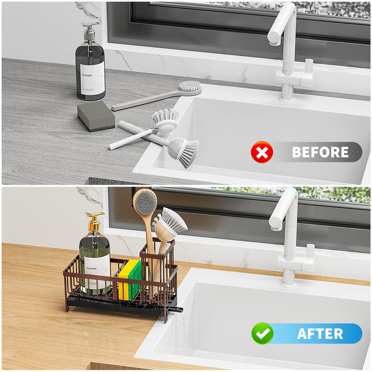 Cisily Black Sponge Holder for Kitchen Sink, Sink Caddy Organizer with High Brush Holder, Kitchen Countertop Organizers and Storage Essentials, Rustproof 304 Stainless Steel, Soap Dispenser Organize