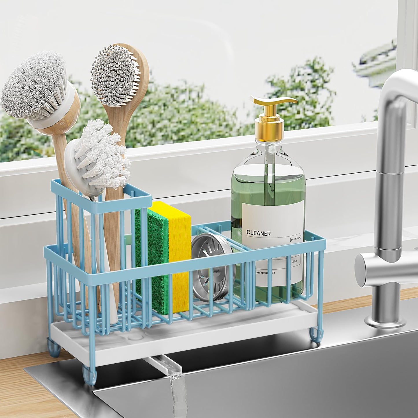 Cisily Black Sponge Holder for Kitchen Sink, Sink Caddy Organizer with High Brush Holder, Kitchen Countertop Organizers and Storage Essentials, Rustproof 304 Stainless Steel, Soap Dispenser Organize