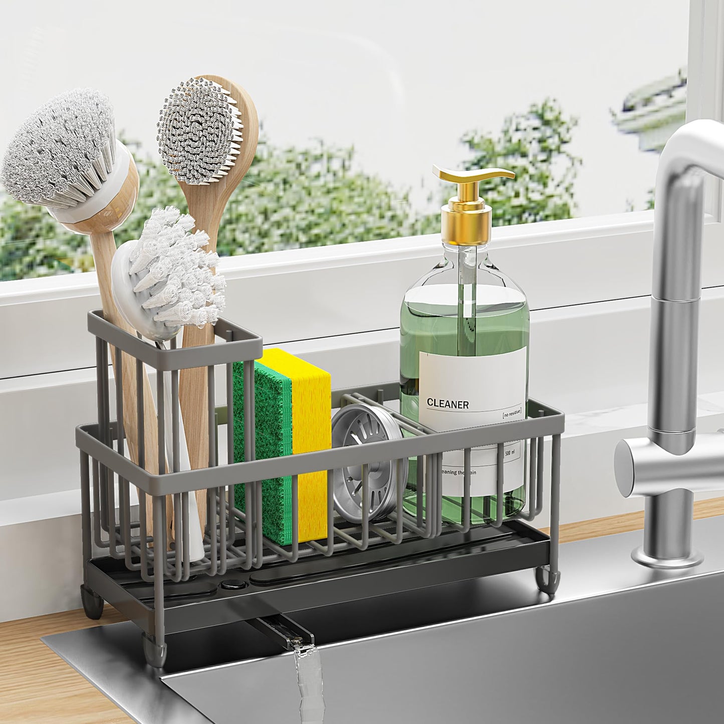 Cisily Black Sponge Holder for Kitchen Sink, Sink Caddy Organizer with High Brush Holder, Kitchen Countertop Organizers and Storage Essentials, Rustproof 304 Stainless Steel, Soap Dispenser Organize