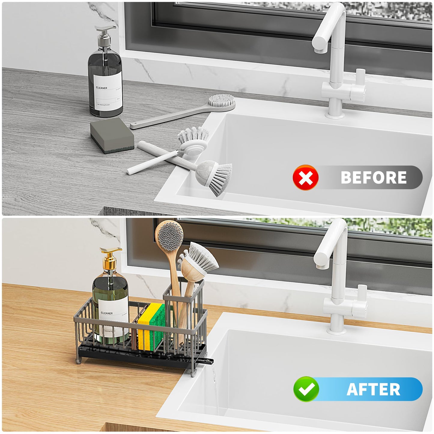 Cisily Black Sponge Holder for Kitchen Sink, Sink Caddy Organizer with High Brush Holder, Kitchen Countertop Organizers and Storage Essentials, Rustproof 304 Stainless Steel, Soap Dispenser Organize