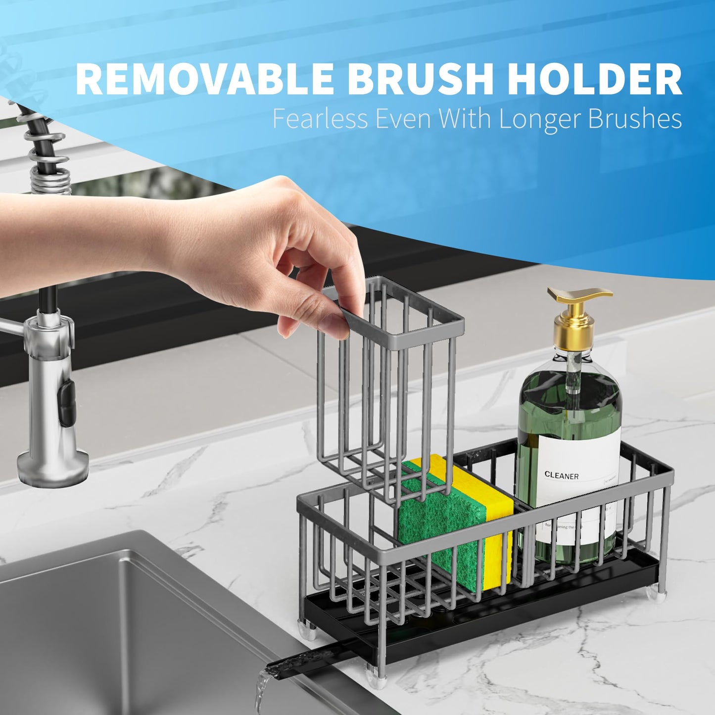 Cisily Black Sponge Holder for Kitchen Sink, Sink Caddy Organizer with High Brush Holder, Kitchen Countertop Organizers and Storage Essentials, Rustproof 304 Stainless Steel, Soap Dispenser Organize