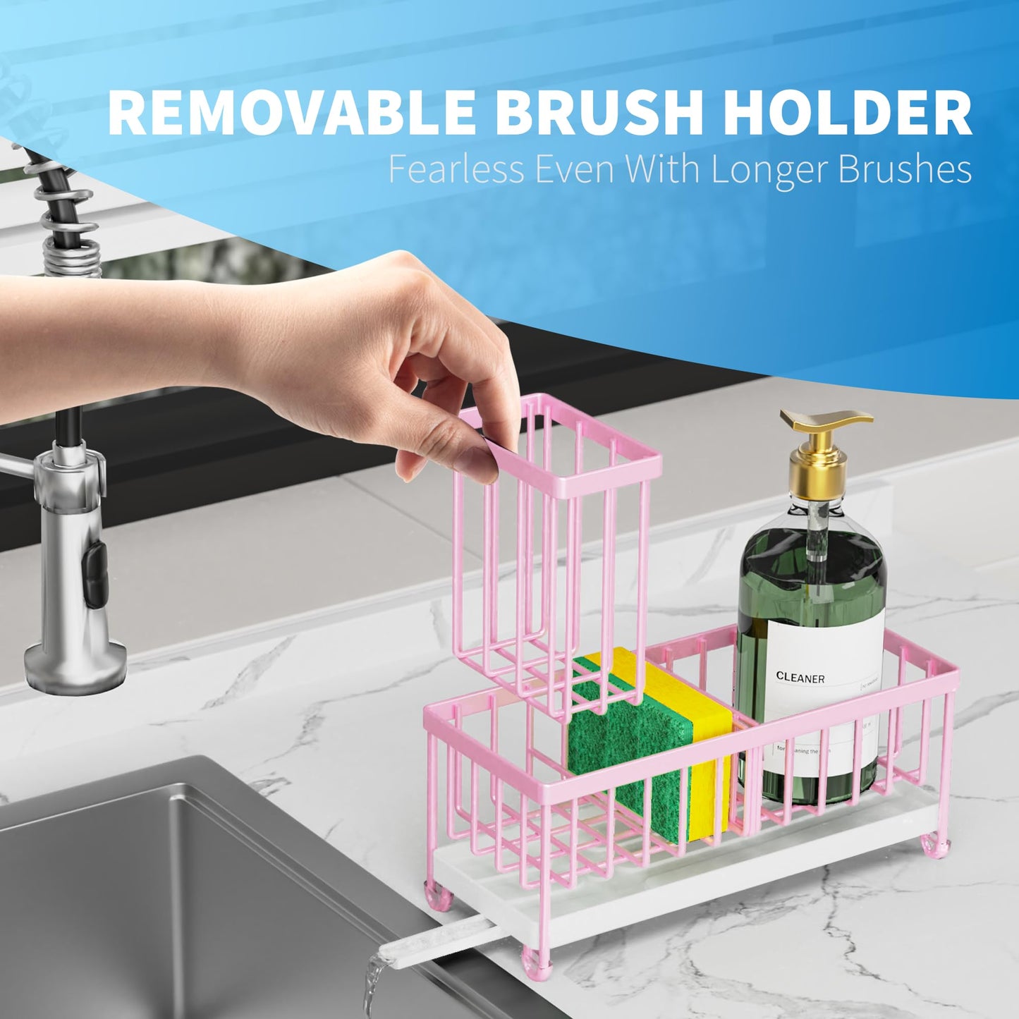 Cisily Black Sponge Holder for Kitchen Sink, Sink Caddy Organizer with High Brush Holder, Kitchen Countertop Organizers and Storage Essentials, Rustproof 304 Stainless Steel, Soap Dispenser Organize
