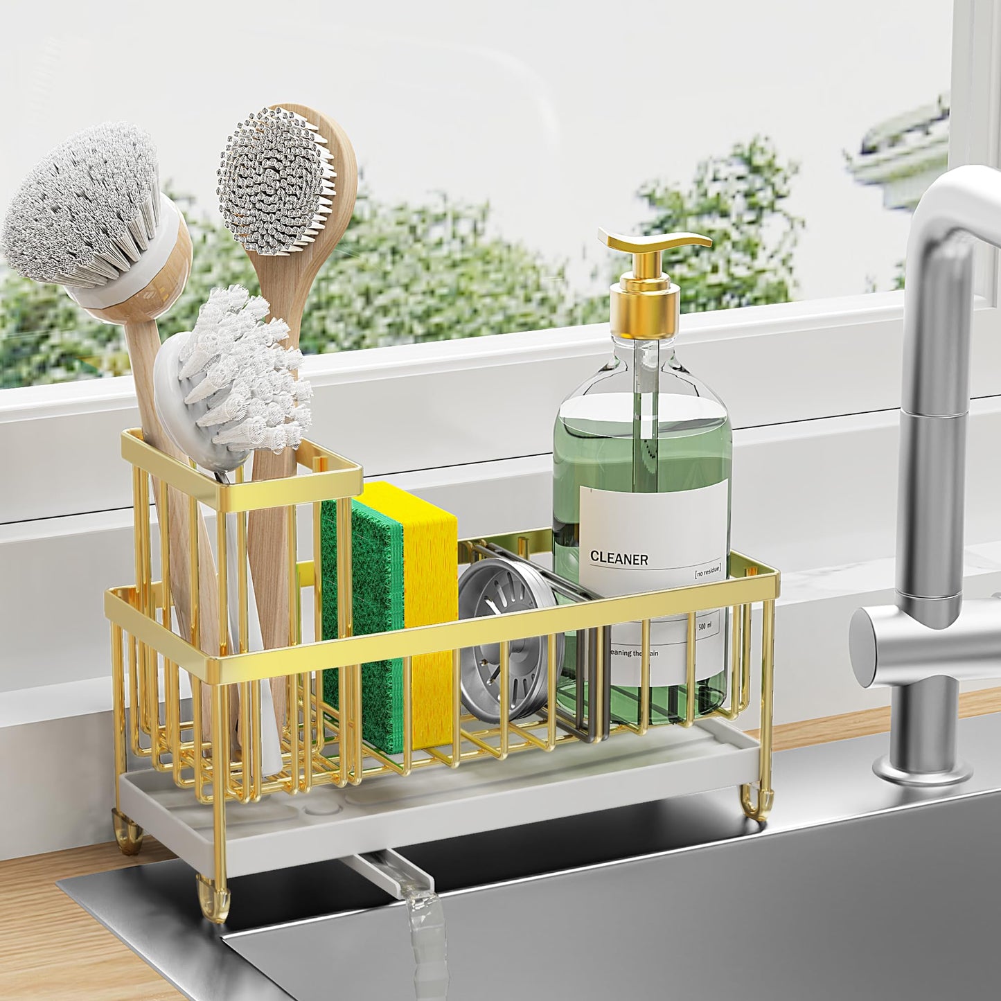 Cisily Black Sponge Holder for Kitchen Sink, Sink Caddy Organizer with High Brush Holder, Kitchen Countertop Organizers and Storage Essentials, Rustproof 304 Stainless Steel, Soap Dispenser Organize